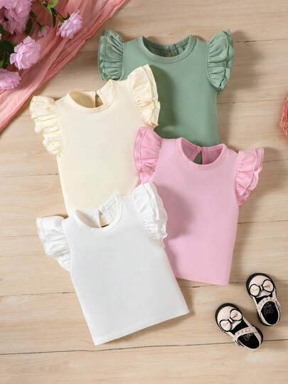 SHEIN Conjunto de 4 peças, Top Casual e Simples para Bebê Menina Confortável e Aconchegante com Acabamento de Babado Adequado para Atividades Ao Ar Livre na Primavera e Verão