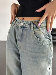 DAZY Quần Jeans Ống Loe Cạp Cao Cho Nữ Có Khóa Kéo, Quần Jeans Rộng - Rửa nhẹ - Xem 5