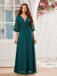 灯笼袖低胸褶皱雪纺伴娘礼服 - 墨綠色 - 查看 5