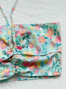 Soleia WYWH 女士薄荷蓝色花卉印花露背前镂空交叉系带波西米亚风度假音乐节夏季吊带背心 - 彩色 - 查看 4