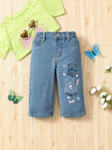 Baby Girl Light Wash Blue Loose Denim Pants With Bear Print - Light Wash - View 1