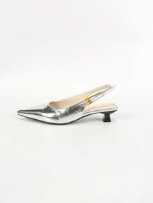 Women High Heel Sandals In Silver Metallic Finish With Small Gold Bar Buckle Detail, Pointed Toe And Open Heels - Silver - View 2