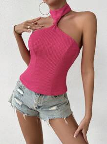 Chiquease Summer Fashion Sleeveless Top With Texture And Halter Neck Design - Hot Pink - View 4