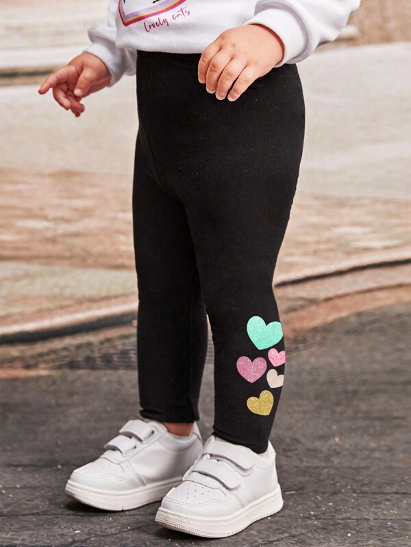 SHEIN Young Girl Casual And Simple Heart Patterned Long Leggings Suitable For Summer