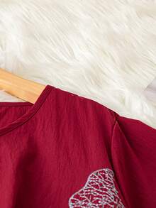 SHEIN LUNE Đầm tay ngắn cổ tròn thêu hoa cỡ lớn - Màu Đỏ Sâu - Xem 4