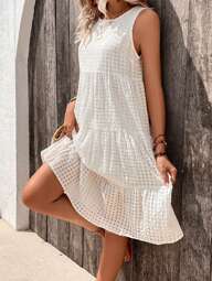 Breezaya Women Summer Solid Color Loose Casual Dress With Round Neck, Sleeveless And Ruffled Hem Vacation Beach Outfit