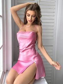 Camisón de satén para mujer con contraste de encaje y espalda cruzada - Rosa - Ver 2