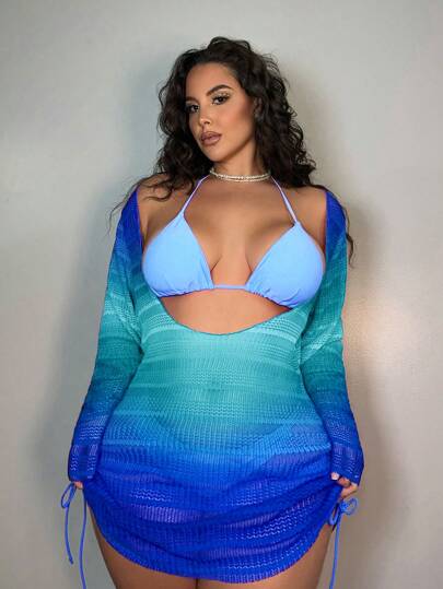 Swim SXY 大尺碼束口中空休閒沙灘遮罩裙，配編織細節