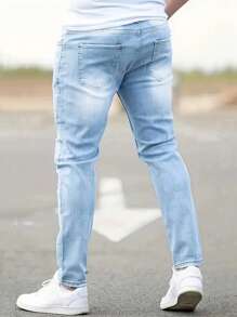 Manfinity LEGND Men Ripped Frayed Bleach Wash Jeans Straight Leg Long Jean Cargo Plain Light Blue Work Regular Shirts Friends
