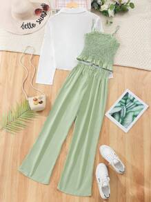 少女長袖襯衫、吊帶背心和褲子套裝 - 綠色 - 查看 2