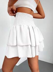 EURMUSE Solid Color Pleated High Waist Multi-Layered Hem Midi Skirt For Summer - White - View 2