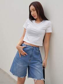 Dazy Designer Quần short denim nữ rách rưới, năm túi, quần short denim, quần jorts - Màu xanh lam - Xem 2