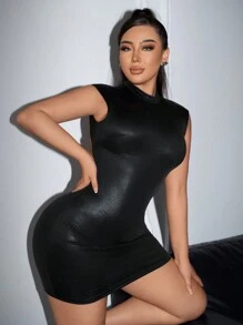 SHEIN SXY x STAS High Neck Metallic Bodycon Mini Dress With A Backless Design Is Suitable For Going Out, Dating And Clubbing - Black - View 8