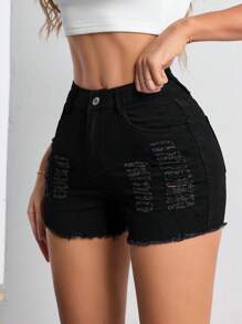 Quần short denim nữ Túi Hem thô Bị tách Dây kéo màu trơn - màu đen - Xem 3