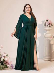 SHEIN Belle Dark Green Plus Size Bridesmaid Dress,Spring Formal Elegant Evening Deep V-Neck High Side Split Dramatic Puff Sleeve Prom Wedding Guest Gown,Dinner - Dark Green - View 7