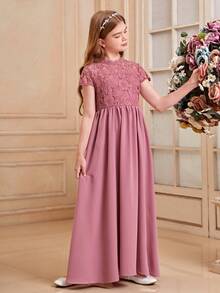 Tween Girl Short-Sleeve Dress With Sheer Mesh Contrast And Woven Bottom In Solid Color - Pink - View 4