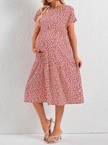 SHEIN Round Neck Loose Floral Print Casual Maternity Dress Clothing With Nursing Function