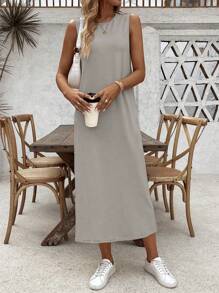 Breezaya 女士纯色无袖休闲日常装春夏连衣裙长款女装 - 淺灰色 - 查看 5
