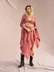 Bohemela 女士纯色喇叭袖短上衣搭配系带和不对称下摆裙子两件套 - 乾枯玫瑰色 - 查看 8