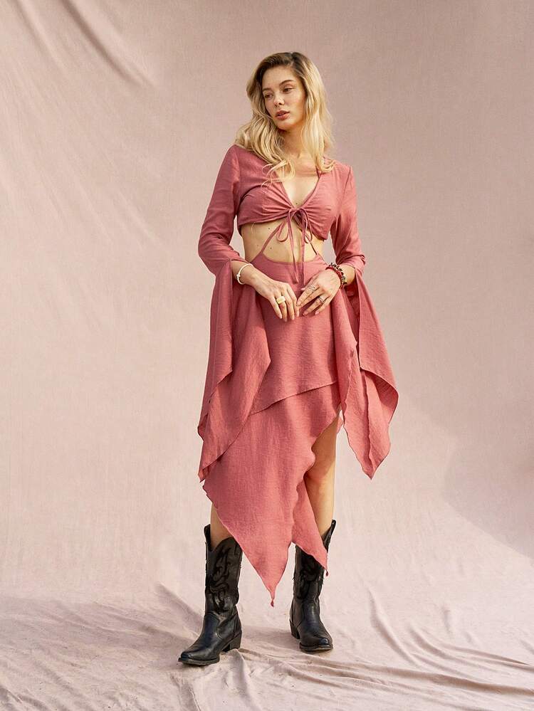 Women Plain Bell-Sleeved Crop Top With Tie & Asymmetric Hem Skirt Two Pieces Set