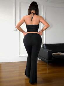 SHEIN SXY x STAS Women Sexy Floral Print Top And Flare Pants Two Pieces Set - Black - View 7