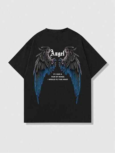 Goth T-shirt graphique avec ailes et slogan pour hommes, style école, années 2000