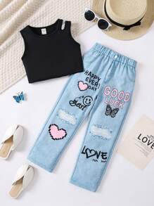 Camiseta de tirantes sólida para niña joven y pantalones gráficos con letras para ropa urbana