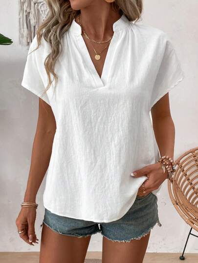 SHEIN Summer Casual Shirt With Texture And Simple Batwing Sleeves And Notched Collar,Sleeveless Tops