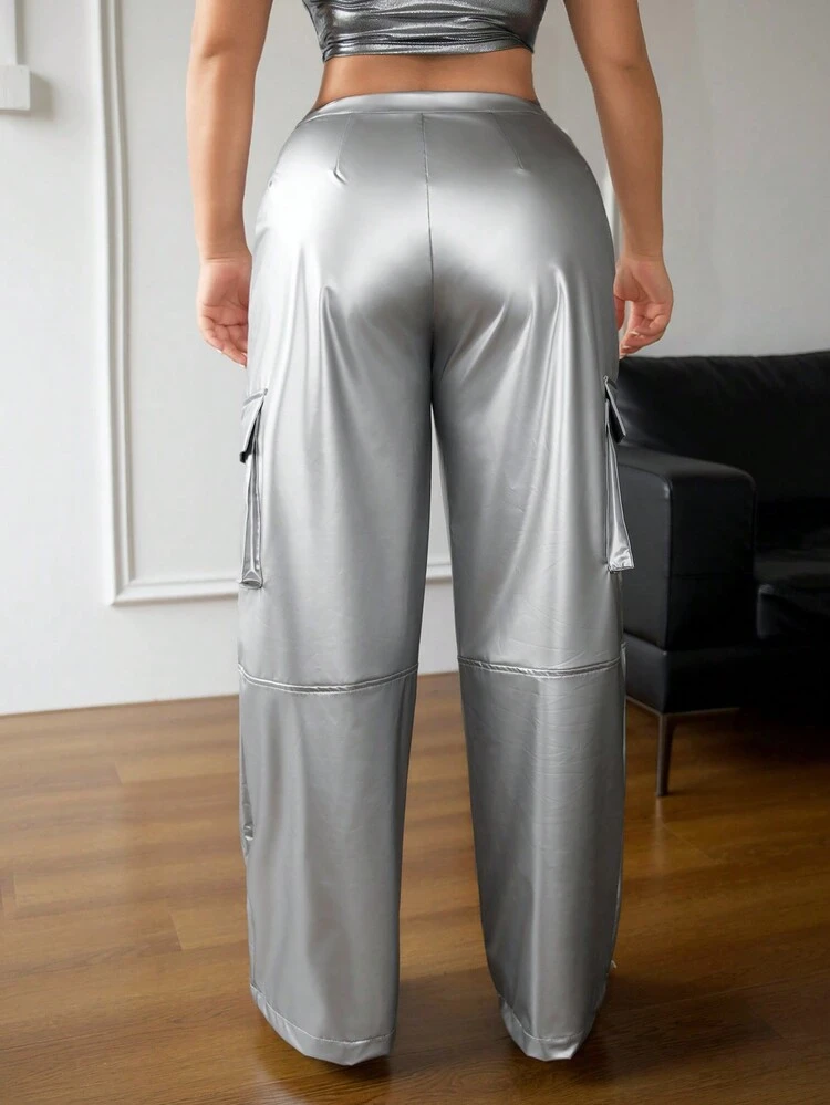 Women's Street Style PU Loose Low Waist Wide Leg Cargo Pants With Pockets