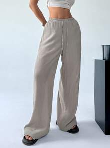 SHEIN EZwear Drawstring Waist Plain Texture Simple Casual Loose Straight Pants - Light Grey - View 6