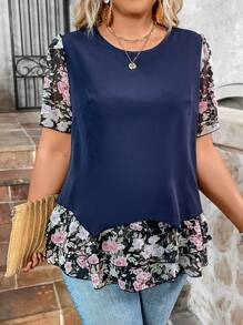 SHEIN LUNE Blusa de verano de manga corta con estampado floral para mujeres de talla grande