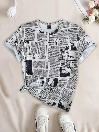 Tシャツ・カットソー Attention News Paper Short Sleeve T Shirt (2color) T-shirt with Short Sleeves Red with Front Print - Coccodrillo