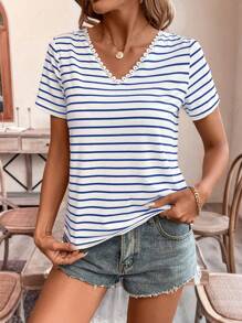 SHEIN Frenchy Summer Striped Lace Backless Short Sleeves Casual Blue - Blue - View 3