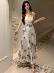 DAZY 波西米亚风印花雪纺吊带连衣裙，生日、新年夜花卉图案舞会礼服，优雅女士复活节连衣裙 - 紫色 - 查看 6