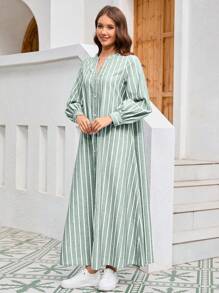 Mulvari Women Notch Neck Striped Print Casual Arabic Style Dress For Daily Wear