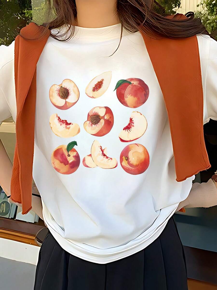 SHEIN EZwear 女士時尚拼色桃子印花短袖T恤 - 白色 - 查看 1