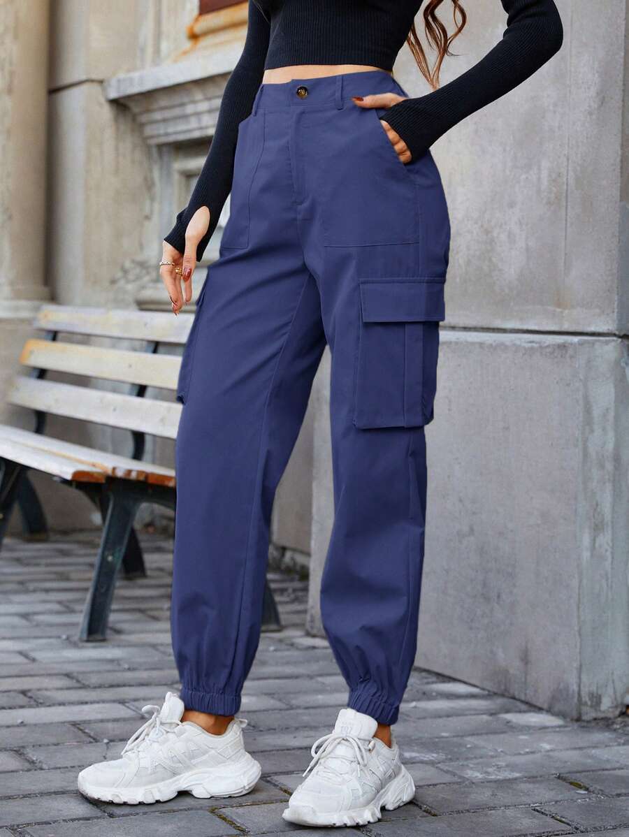 SHEIN Cottnline Women's Solid Color Flap-pocket Long Pants - Navy Blue - View 1