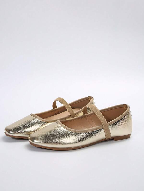 Women Champagne Color Elastic Band Square Toe Flat Shoes For All Seasons