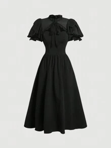 SHEIN MOD Black Puff Sleeve Palace Collar Front Tie Asymmetric Material Splicing Long Swing Dress - Black - View 1