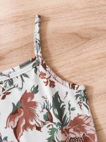 SHEIN Vintaside Kids 青少年女孩休闲优雅可爱背心夹克和花朵印花吊带裙两件套 - 棕色 - 查看 5