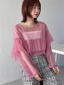FRIFUL Mesh Round Neck Top With Ruffle Trim And Decorative Border, Loose Fit And Fashionable Style Sheer Long Sleeve Women Tops,Fall Women Clothes - Rose Red - View 7