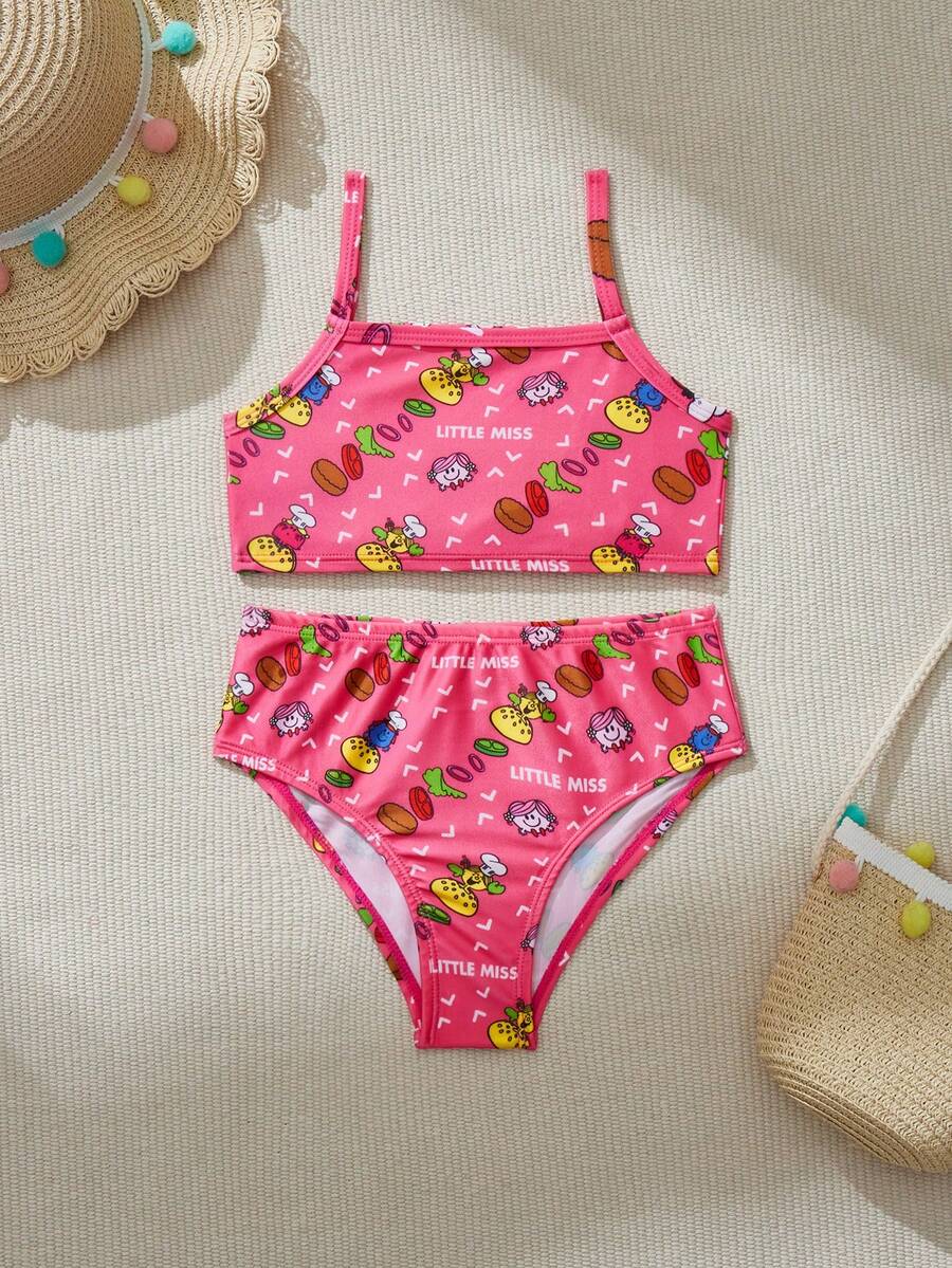 Mr Men Little Miss X SHEIN 年轻女孩针织休闲卡通和字母图案比基尼套装夏季海滩 - 彩色 - 查看 1