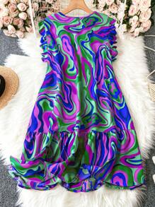 Plus Size V-Neck Floral Print Ruffle Trim Party Fashion Dress