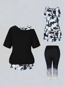 EMERY ROSE Plus Size Women Casual Camouflage Print Asymmetrical Collar Short Sleeve Top & Round Neck Tank Top & Leggings Set - Black and White - View 2