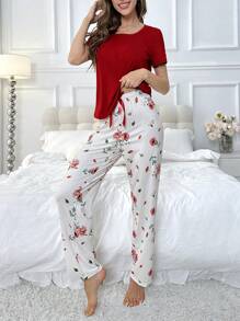 Solid Color Short Sleeve Top And Printed Long Pants Pajama Set Bridallingerie