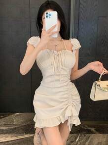 DAZY 女式抽绳系带腰部荷叶边下摆连衣裙，带褶饰和荷叶边，太阳裙，迷你裙，休闲女装 - 米色 - 查看 7