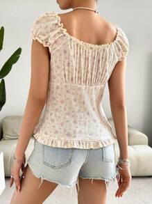 SHEIN Essnce Spring/Summer Floral Off Shoulder Single Breasted Women T-Shirt - Beige - View 2