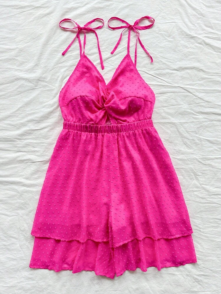 Plus Size Swiss Dot Twist Front Hollow Out Jumpsuit With Spaghetti Straps & Shorts
