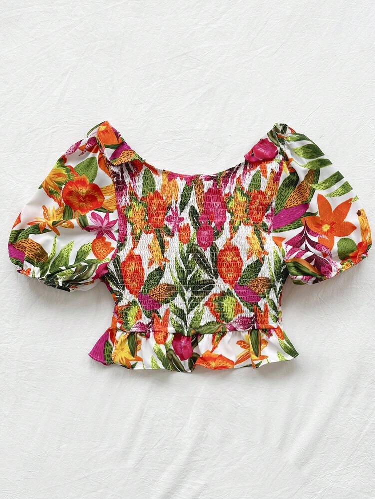 Women's Casual Vacation Floral Printed Ruffle Trimmed V-Neck Bubble Sleeve Tie Front Bowknot Shirt