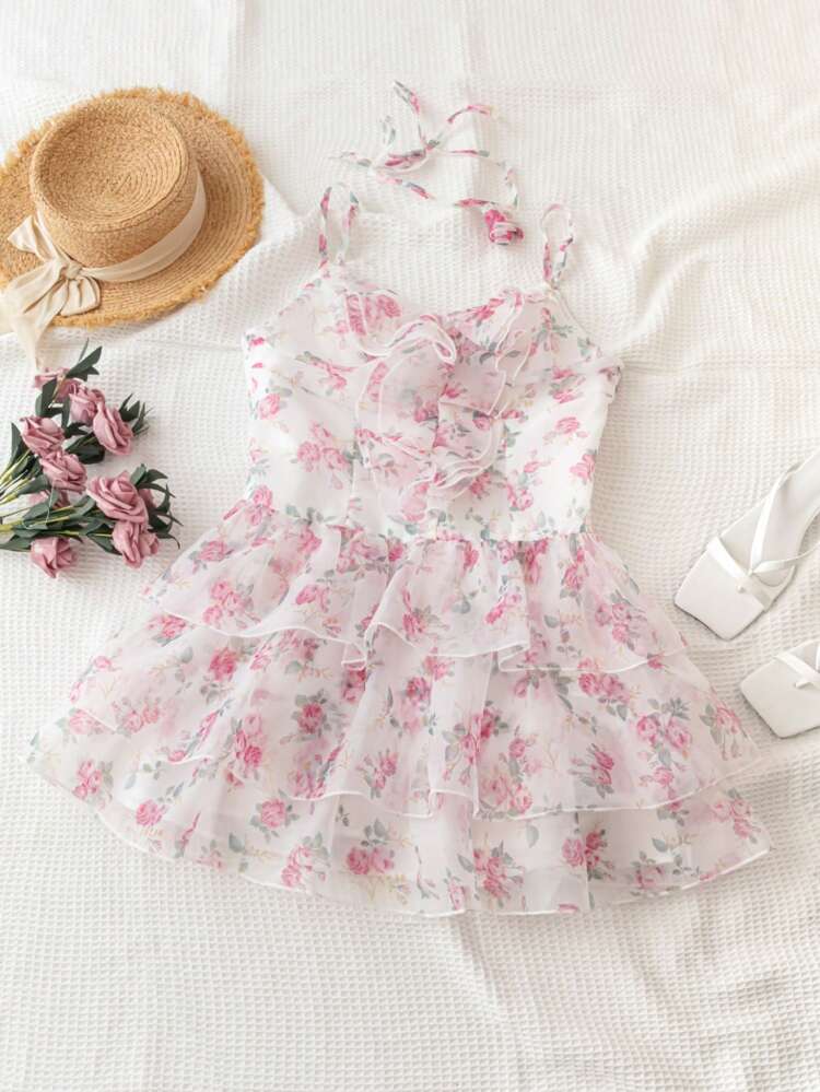 3d Flower & Ruffle Hem Cake Princess Dress
